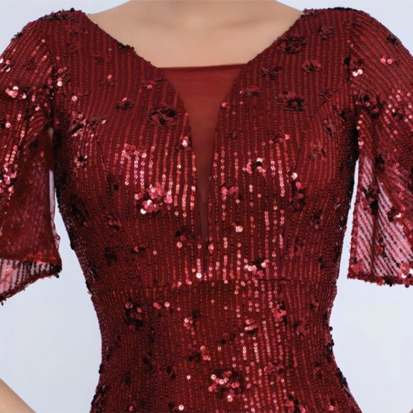 New Burgundy Sequin Mermaid Gown Flutter Sleeve Formal Evening Dress - Picture 2 of 4